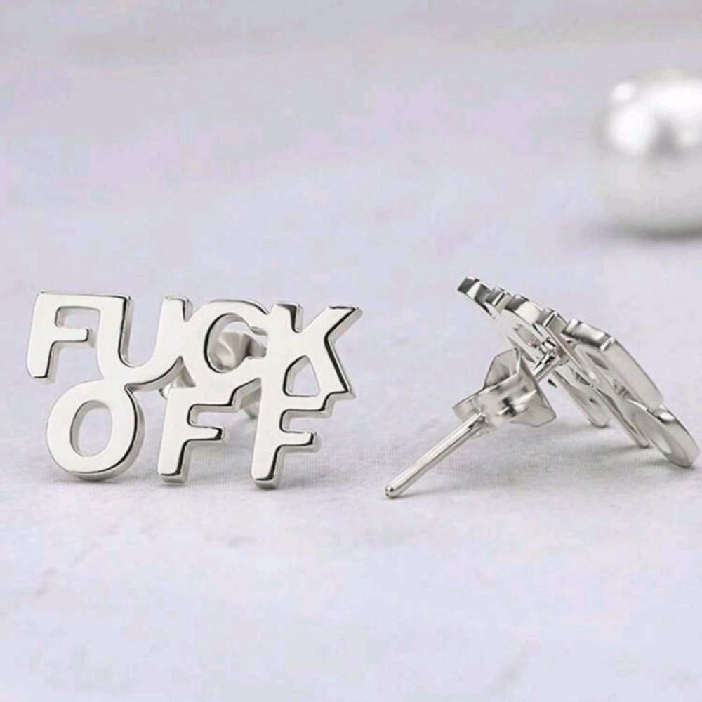 ✨️  F U C K OFF silver or Gold Vintage Stainless Steel Letter Stud Earrings ✨️ - Picture 4 of 6